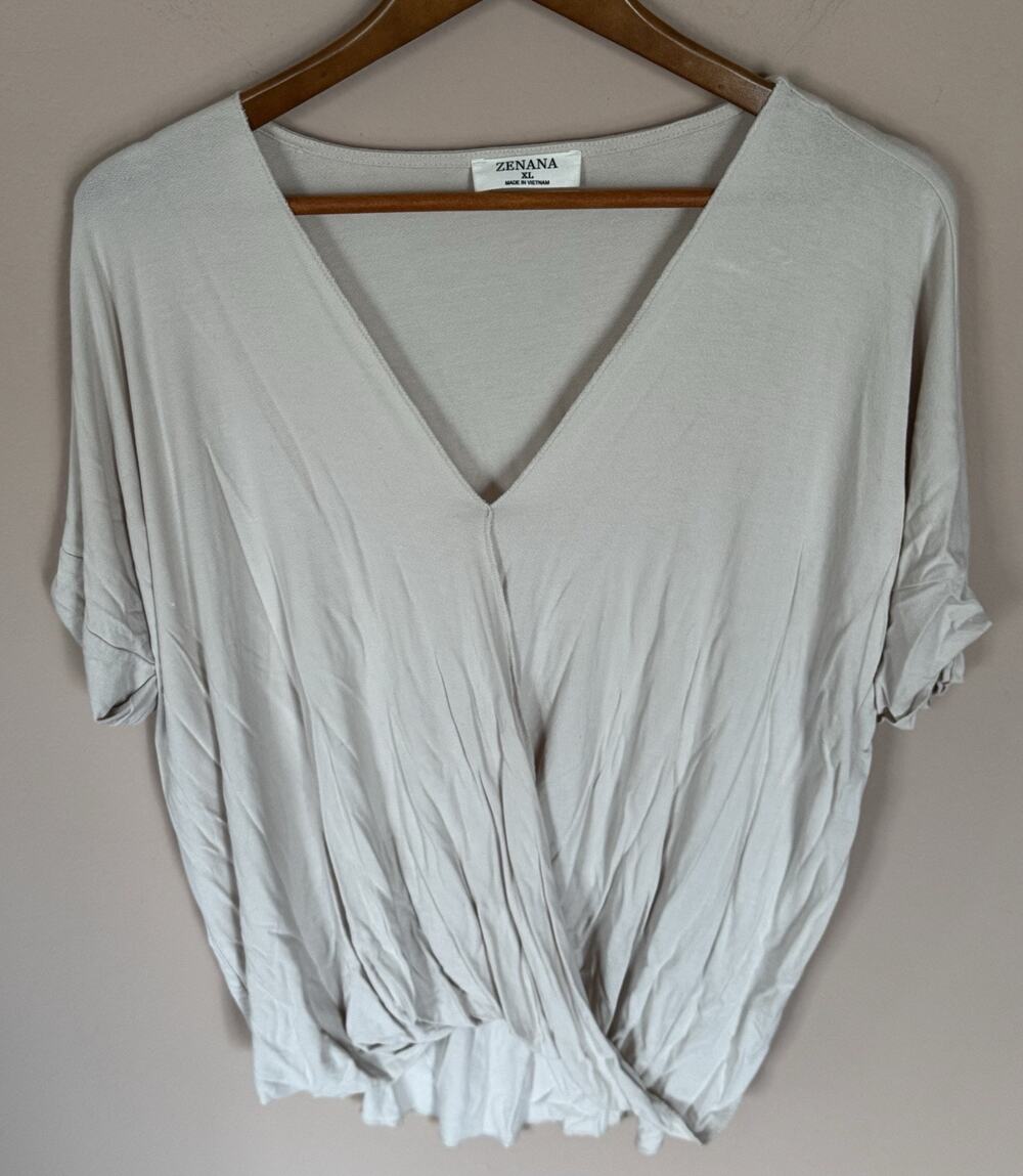Zenana Beige Top Cuffed Sleeve V-Neck High Low Hem Casual XL